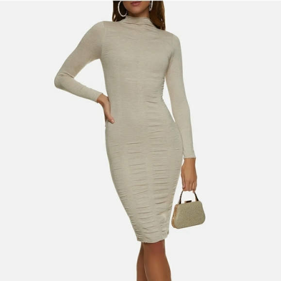 RUCHED CAPPED NECK LONG SLEEVE MIDI DRESS - Picture 7 of 13